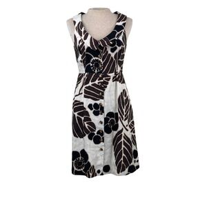 Tibi New York Silk Linen Floral Leaf Print Button Front‎ Dress Brown Cream 0